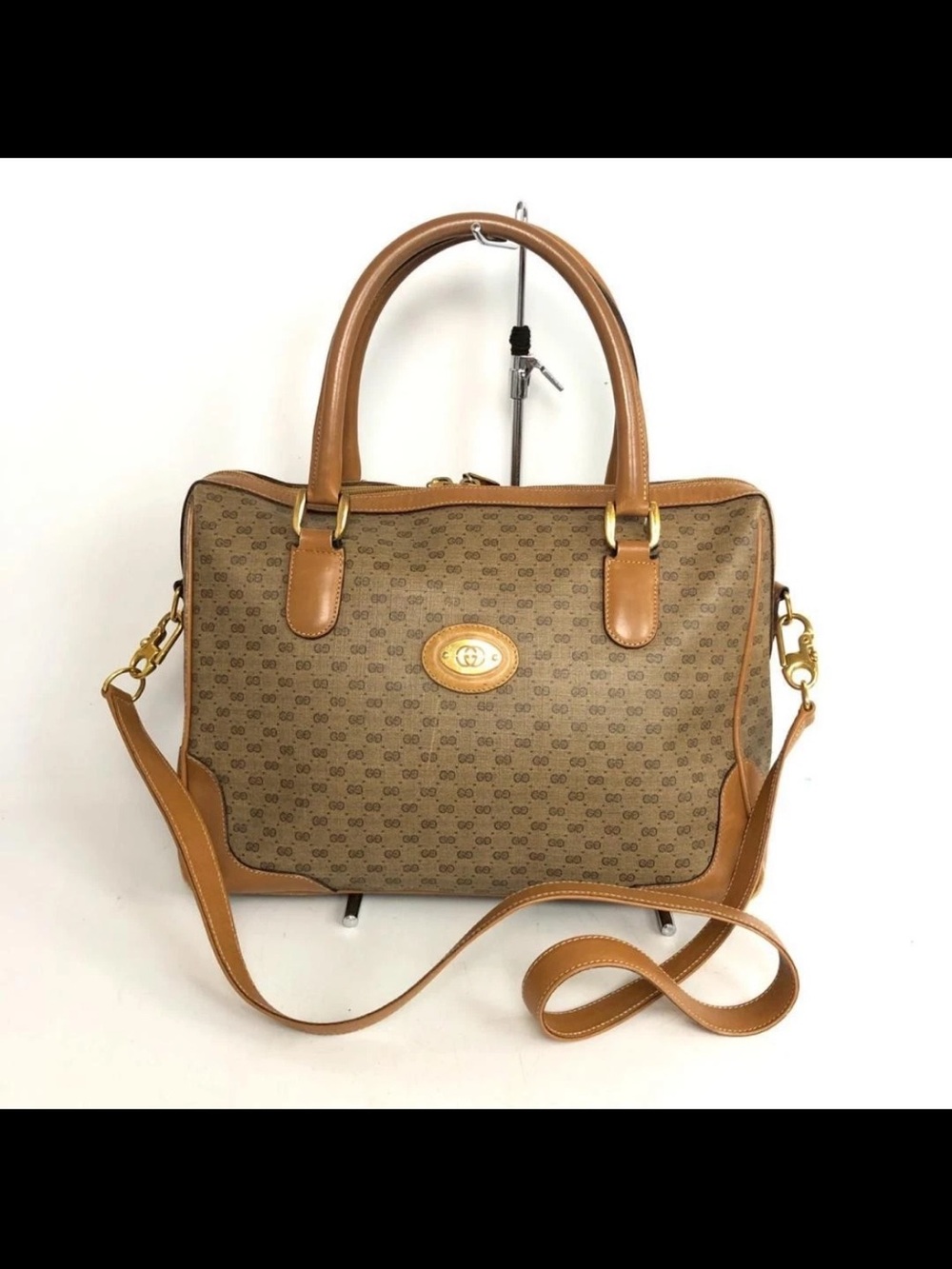 Gucci Brown Monogram Satchel with Tan Leather Trim